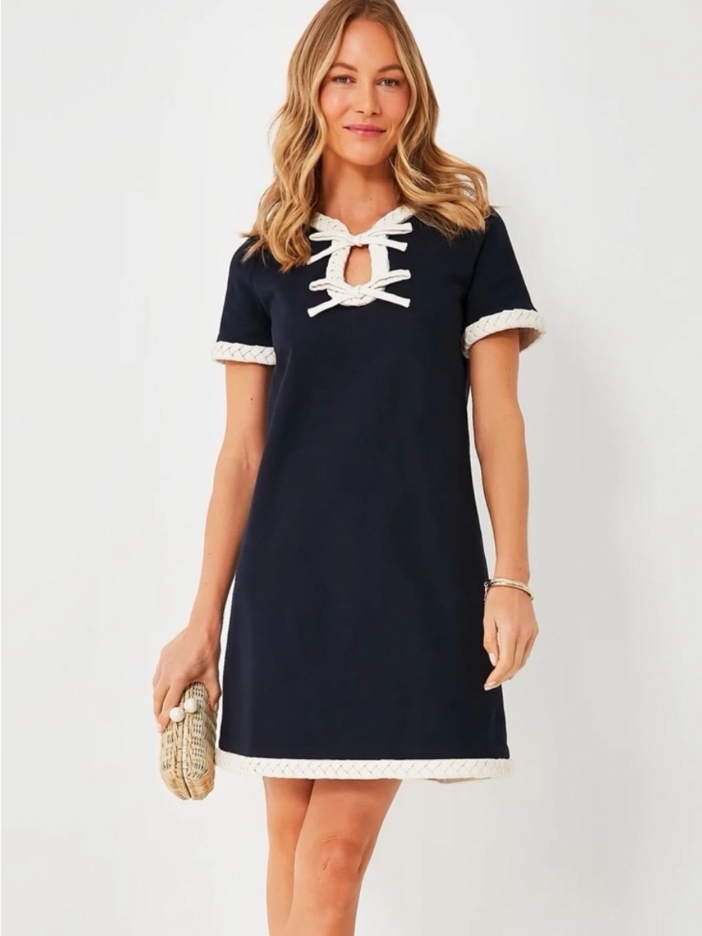 Tuckernuck Olivia Bow Navy Dress White Braided Trim Cotton Blend Keyhole XS